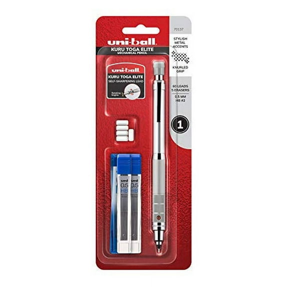 uni-ball Kuru Toga Elite Mechanical Pencil Starter Kit with Silver Barrel and 0.5mm Pencil Tip, 60 Lead Refills, and 5 Pencil Eraser Refills, HB #2