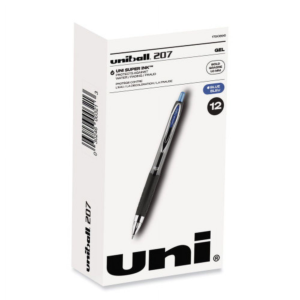 uni-ball Signo 207 Gel Pen, Retractable, Bold 1 mm, Blue Ink, Black/Blue Barrel, Dozen