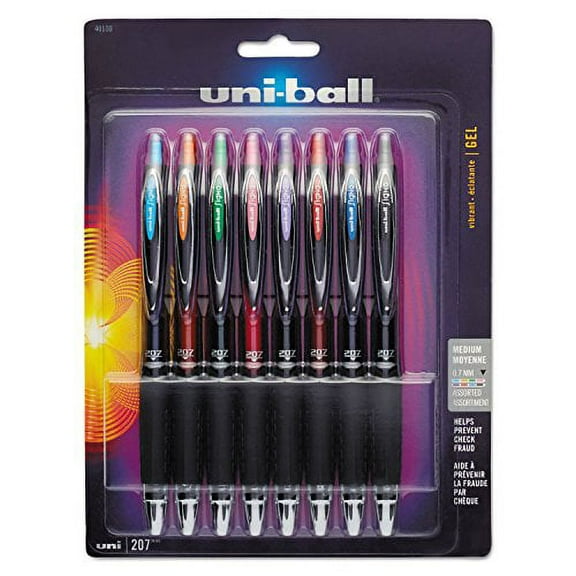 uni-ball Signo 207 Gel Pen, Retractable, Medium 0.7 mm, Assorted Ink Colors, Black Barrel, 8/Pack (40110)