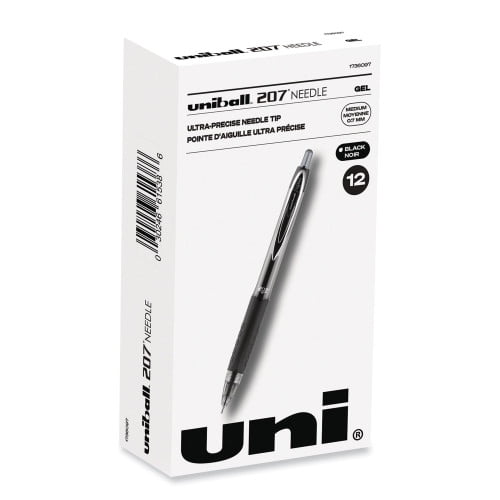 uni-ball Signo 207 Needle Point Gel Pen, Retractable, Medium 0.7 mm, Black Ink, Black Barrel, Dozen