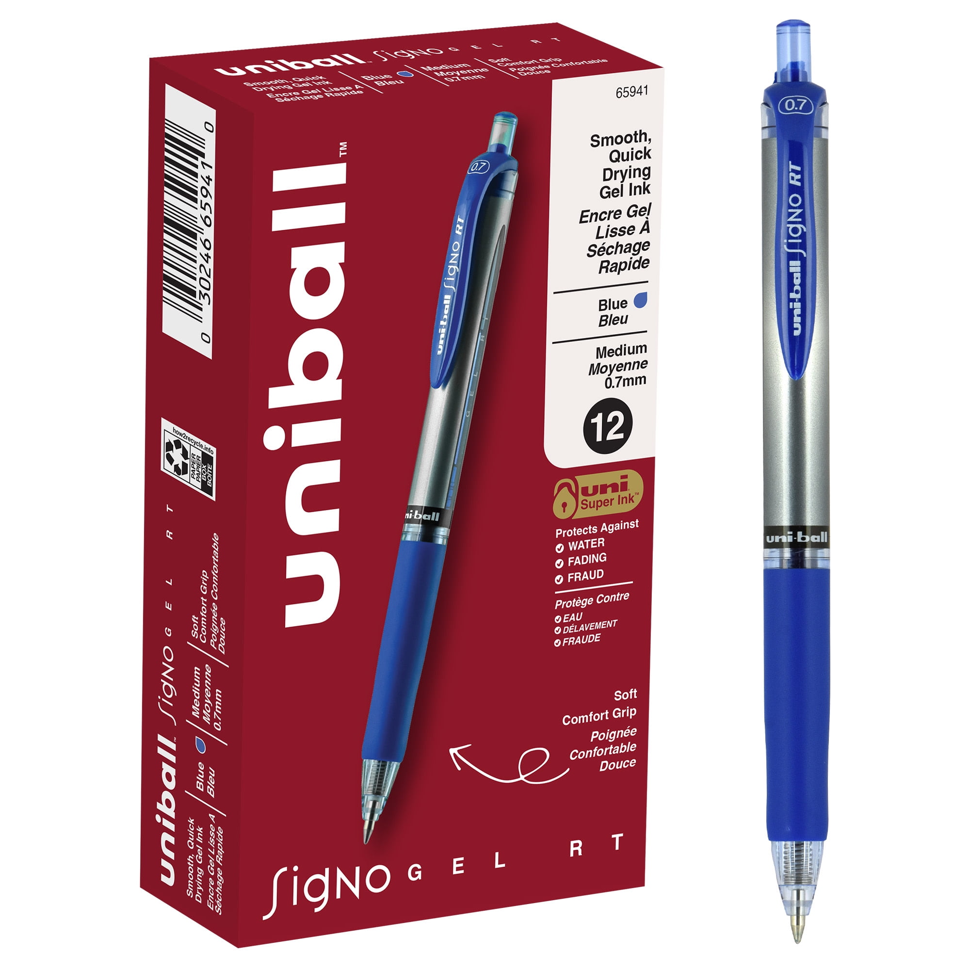 uni-ball Signo Gel RT Retractable Pens, Medium Point, 0.7 mm, Silver Barrel, Blue Ink, Pack Of 12 Pens