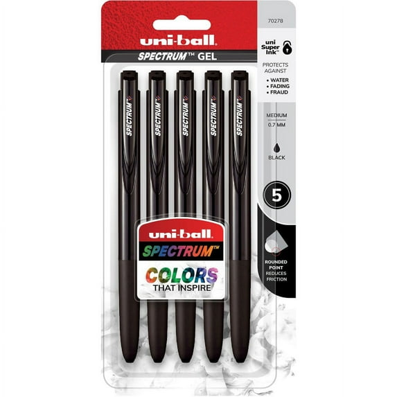 uni-ball Spectrum Gel Pen - Medium Pen Point - 0.7 mm Pen Point Size - Refillable - Retractable - Multicolor Pigment-based, Gel-based Ink - Black Plastic, Rubberized Barrel | Bundle of 5