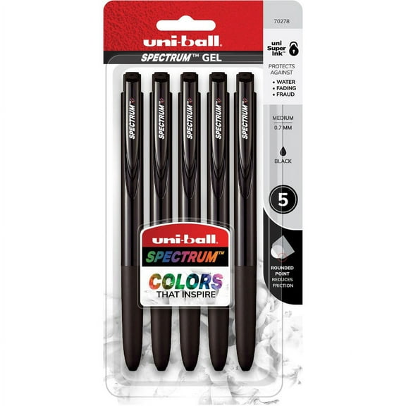 uni-ball Spectrum Gel Pen - Medium Pen Point - 0.7 mm Pen Point Size - Refillable - Retractable - Multicolor Pigment-based, Gel-based Ink - Black Plastic, Rubberized Barrel | Bundle of 5