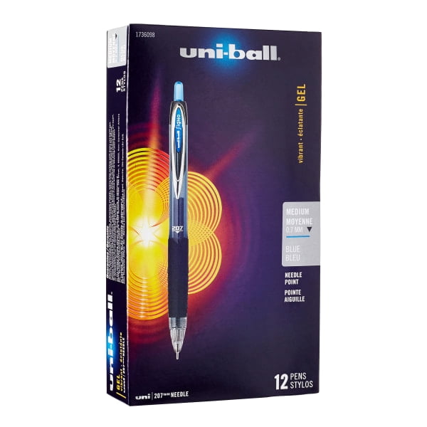 uni-ball® 207™ Retractable Fraud Prevention Gel Pens, Needle Point, 0.7 mm, Translucent Black Barrels, Blue Ink, Pack Of 12