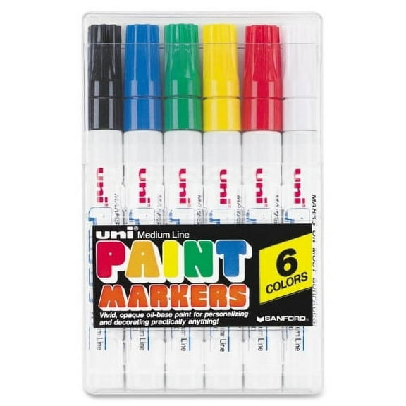 uni-ball Uni-Paint PX-20 Oil-Based Medium Point Marker Medium Marker Point - Assorted, Blue, Red, Green, Yellow, Black Oil Based Ink - White Barrel - 6 / Set