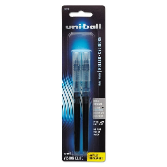 uni-ball Vision Elite Liquid Rollerball Pen Refills, Bold Point, 0.8 mm, Blue/Black Ink, Pack Of 2