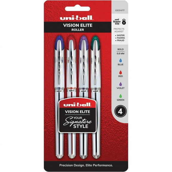 uni-ball Vision Elite Rollerball Pen - Bold Pen Point - 0.8 mm Pen Point Size - Refillable - Blue, Red, Green, Violet Pigment-based Ink - 4 / Pack