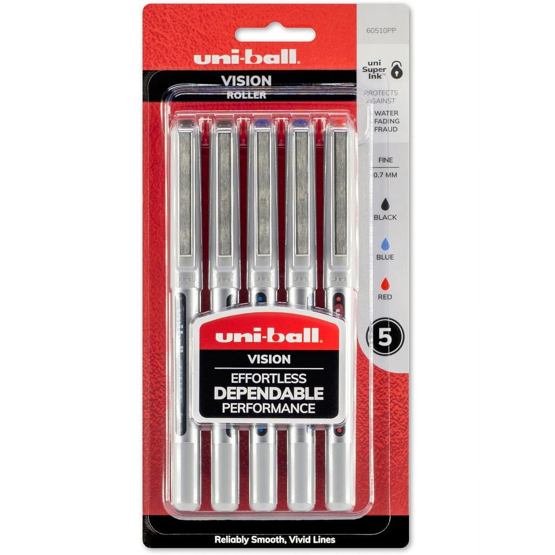 uni-ball Vision Rollerball Pen - Fine Pen Point - 0.7 mm Pen Point Size - Black, Blue, Red - 5 / Pack | Bundle of 2 Packs