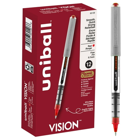 uni-ball Vision Rollerball Pens, Fine Point, 0.7 mm, Gray Barrel, Red Ink, Pack Of 12