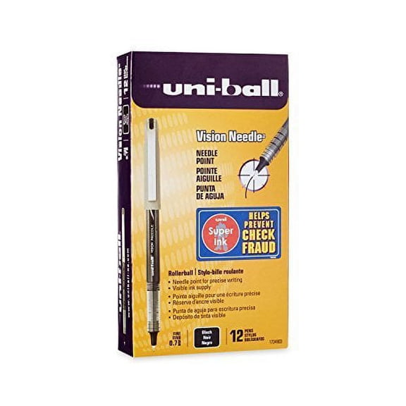 uni-ball Vision Stick Needle Roller Ball Pens, Fine Point, Black Ink, (2-Pack of 12)