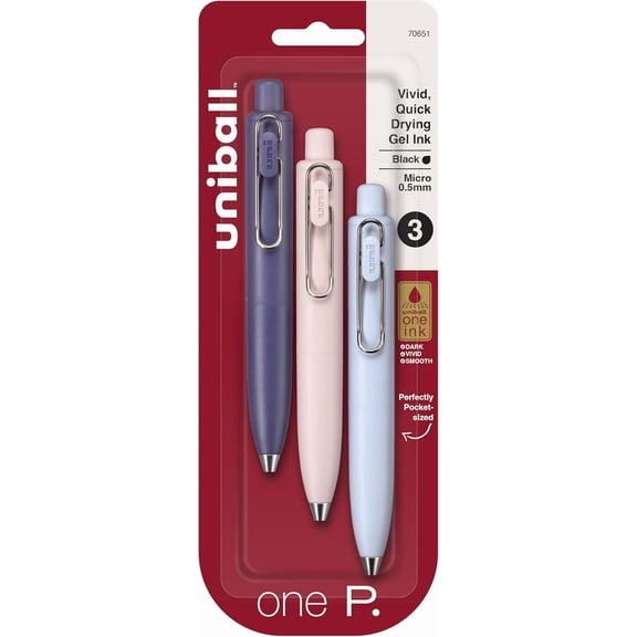 uni one P Retractable Gel Pens, Micro Point (0.5mm), Grape, Peach, and Soda Barrels, Black Ink, 3 Pack