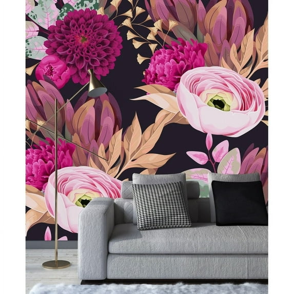 uniQstiQ Black Wallpaper with Brightly Flowers Peel and Stick and Prepasted 125"W x 125"H - Peel-and-Stick