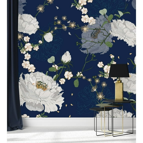 uniQstiQ Dark Blue Floral Wallpaper Peel and Stick and Prepasted 100"W x 100"H - Peel-and-Stick