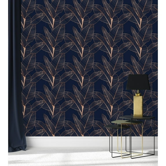 uniQstiQ Dark Blue Wallpaper with Gold Leaves Peel and Stick and Prepasted 25"W x 225"H - Pre-pasted