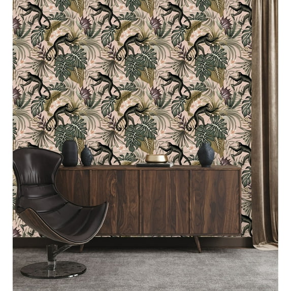 uniQstiQ Monkeys on Leaves Wallpaper Peel-and-Stick 25"W x 225"H