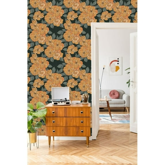 uniQstiQ Orange Floral Wallpaper Peel and Stick and Prepasted 25"W x 225"H - Peel-and-Stick