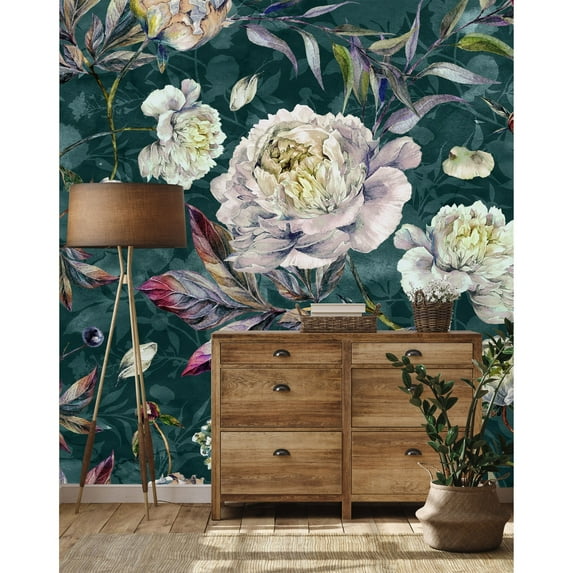 uniQstiQ White Peonies on Green Background Wallpaper Pre-Pasted 100"W x 100"H