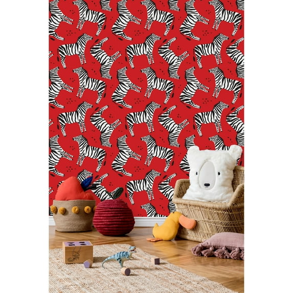 uniQstiQ Zebras on Red Background Wallpaper Peel-and-Stick 25"W x 125"H