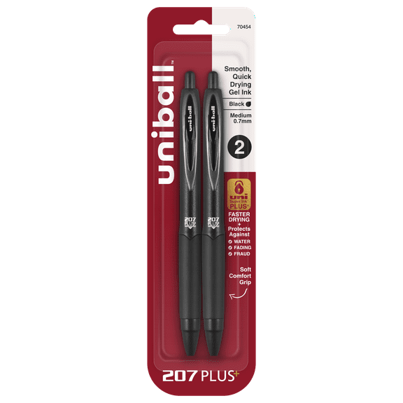 uniball™ 207 PLUS+ Retractable Gel Pen, Medium Point (0.7mm), Black, 2 Pack