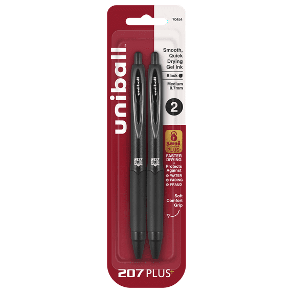uniballâ„¢ 207 PLUS+ Retractable Gel Pen, Medium Point (0.7mm), Black, 2 Pack