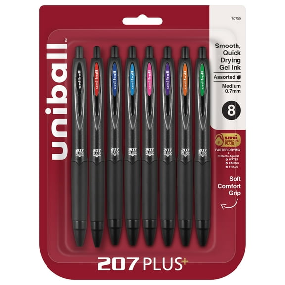 uniball™ 207 Plus+ Retractable Gel Pens, Medium Point (0.7mm), Assorted, 8 Pack