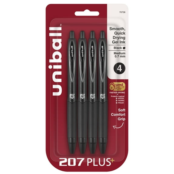 uniball™ 207 Plus+ Retractable Gel Pens, Medium Point (0.7mm), Black, 4 Pack
