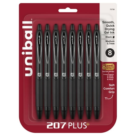 uniball 207 Plus+ Retractable Gel Pens, Medium Point, 0.7mm, Black Ink, 8 Count