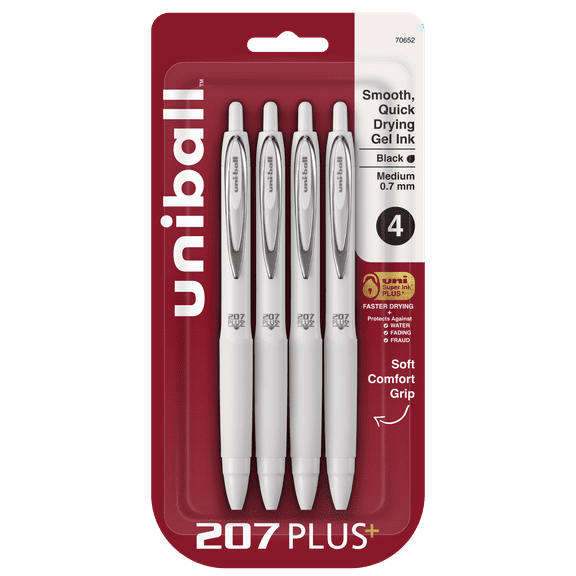uniball™ 207 Plus+ Retractable Gel Pens, Medium Point (0.7mm), White Barrel, Black Ink. 4 Pack