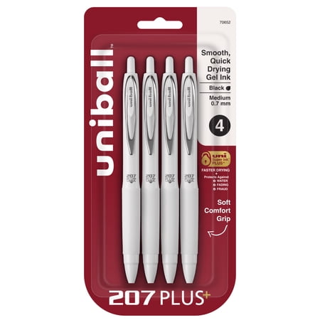 uniball 207 Plus+ Retractable Gel Pens, Medium Point, 0.7mm, White Barrel, Black Ink, 4 Count