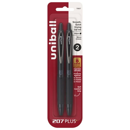 uniball 207 Plus+ Retractable Gel Pens, Micro Point, 0.5mm, Black Ink, 2 Count
