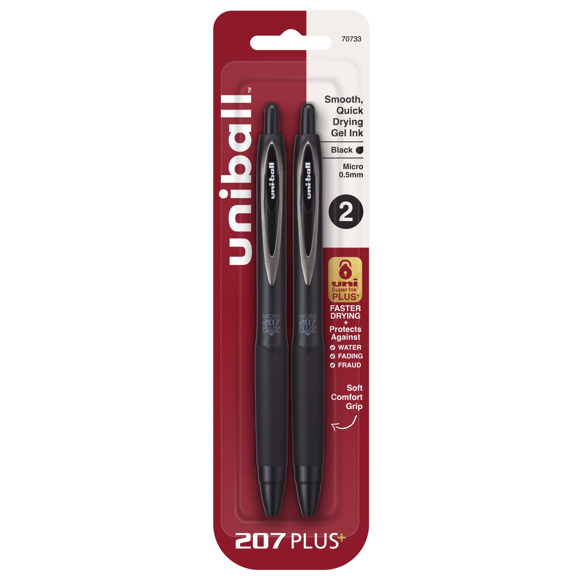 uniball™ 207 Plus+ Retractable Gel Pens, Micro Point (0.5mm), Black, 2 Pack