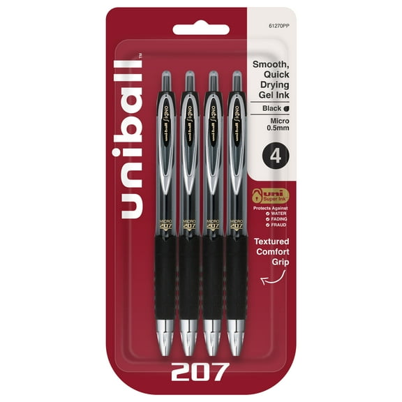 uniball™ 207 Retractable Gel Pens, Micro Point (0.5mm), Black, 4 Pack