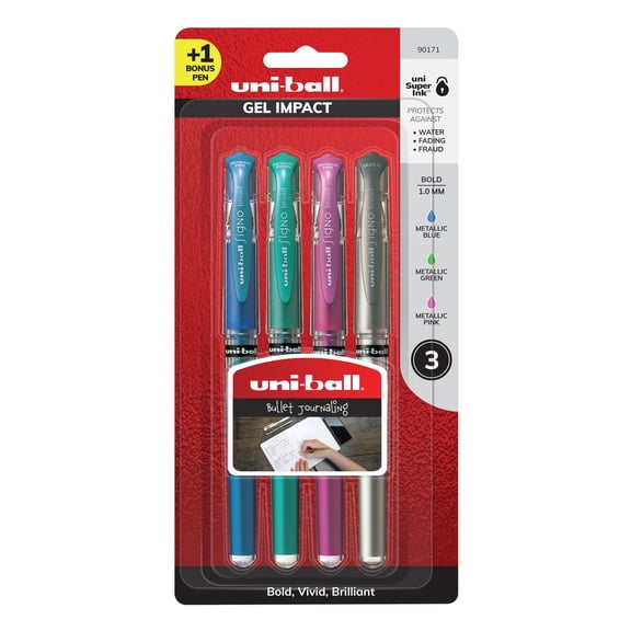 uni-ball Gel Impact Pens, Bold Point (1.0mm), Assorted Metallic, 3 Count + 1 Bonus