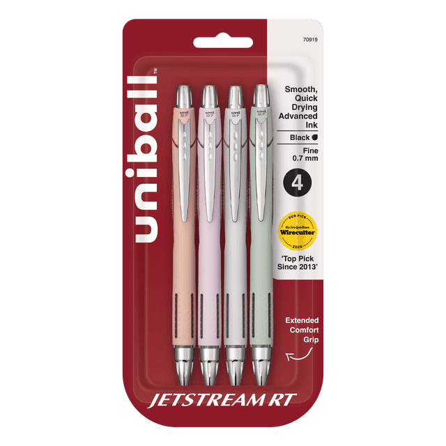uniball™ Jetstream RT Ballpoint Pens, Fine Point (0.7mm), Black Ink, Retractable. 4 count