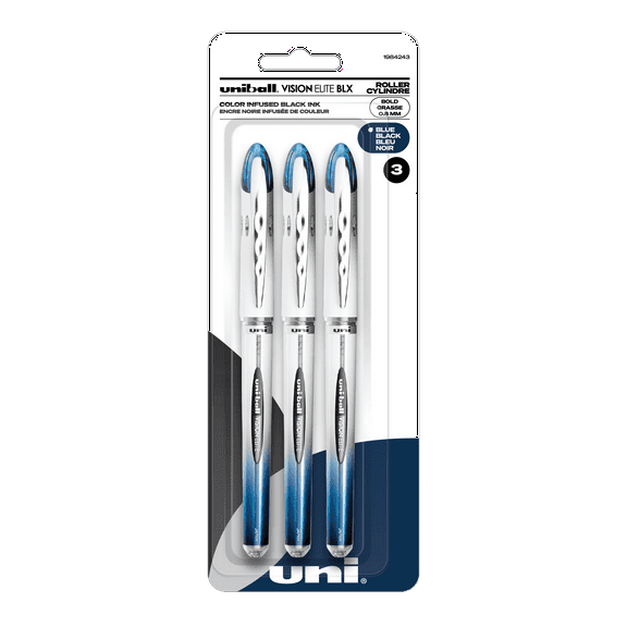 uniball Vision Elite BLX Rollerball Pen, Bold Point, 0.8 mm, Blue-Black Ink, 3 Count
