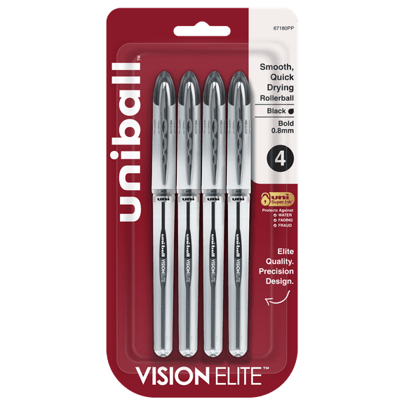 uniball Vision Elite Rollerball Pens, Bold Point (0.8mm), Black, 4ct