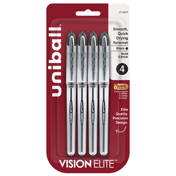 uniball Vision Elite Rollerball Pens, Bold Point (0.8mm), Black, 4ct