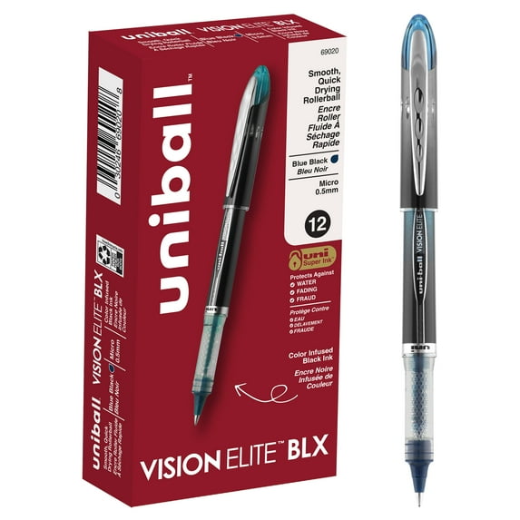 uniball Vision Elite BLX Rollerball Pens, Micro Point (0.5mm), Blue-Black Ink, 12 Count