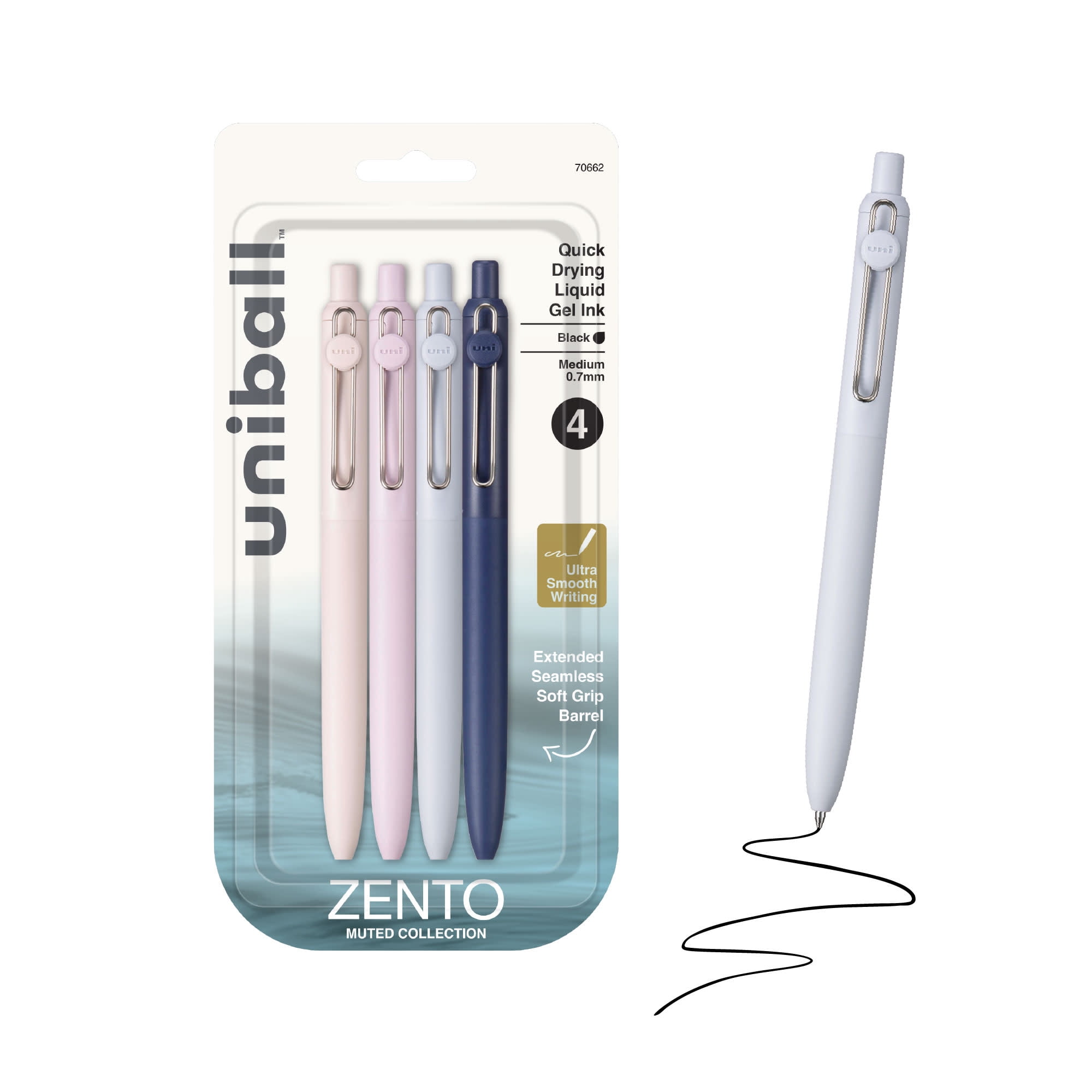 uniball Zento Retractable Gel Pens, Medium Point, 0.7mm, Muted Barrels, Black Ink, 4 Count