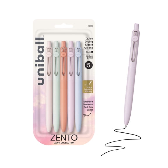uniball Zento Retractable Liquid Gel Pens, Medium Point, 0.7mm, Black Ink, Dawn Barrel Colors, 5 Count