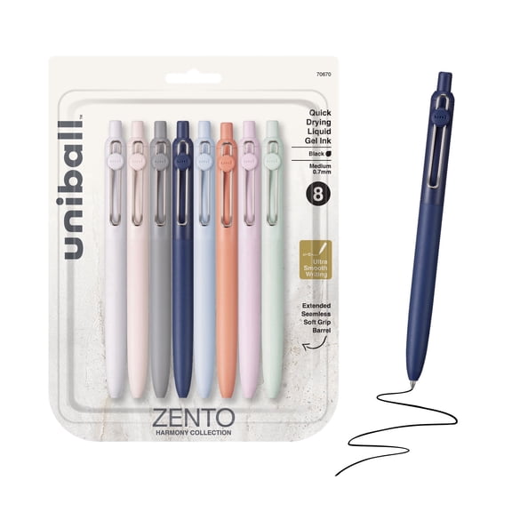 uniball Zento Retractable Liquid Gel Pens, Medium Point, 0.7mm, Black Ink, Harmony Barrel Colors, 8 Count