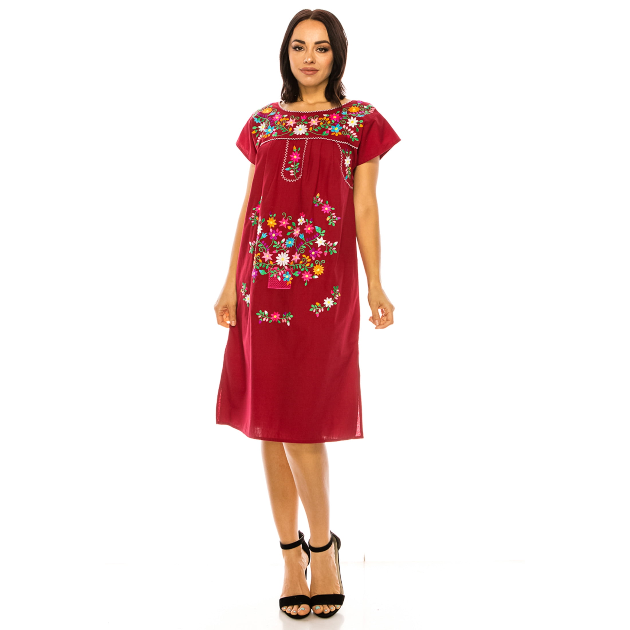 unik Embroidered Traditional Mexican Dress (Burgundy, M)
