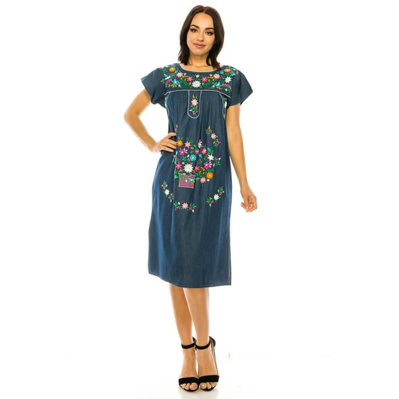 unik Embroidered Traditional Mexican Dress (Chambray, XX-Large)