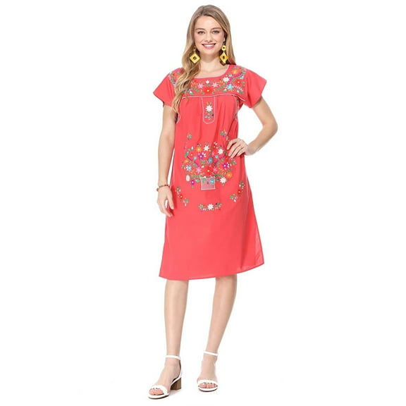 unik Embroidered Traditional Mexican Dress (Coral, S)