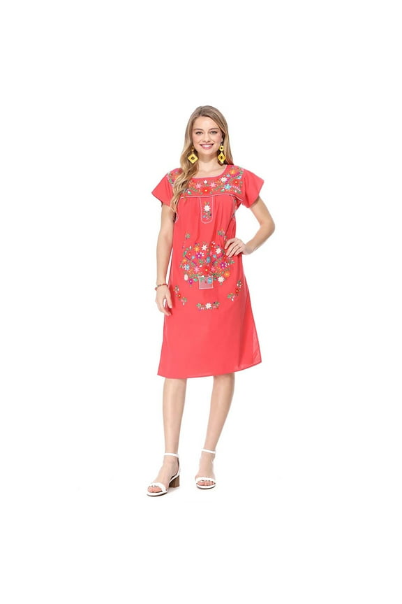 Embroidered Traditional Mexican Dress (Coral, XL)