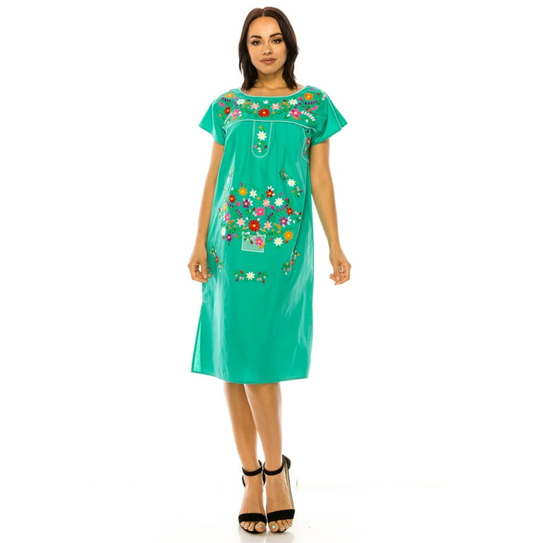 unik Embroidered Traditional Mexican Dress Mint M