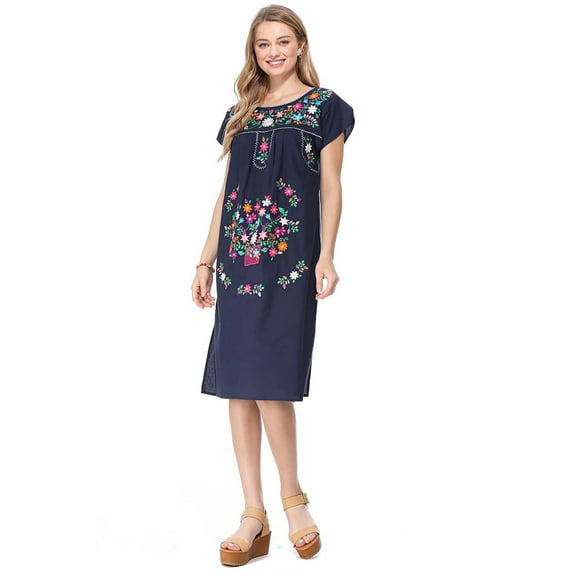 unik Embroidered Traditional Mexican Dress (Navy, L)