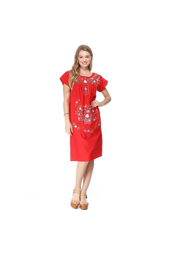 Embroidered Traditional Mexican Dress (Red, L)