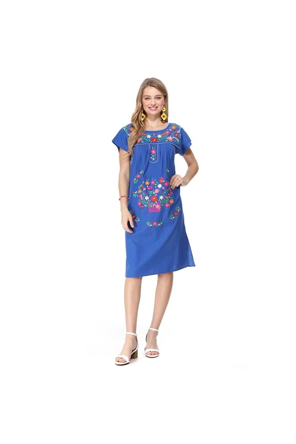 Embroidered Traditional Mexican Dress (Royal Blue, 3XL)