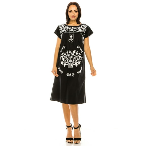 unik Embroidered Traditional Mexican Dress White Flowers (Black, L)